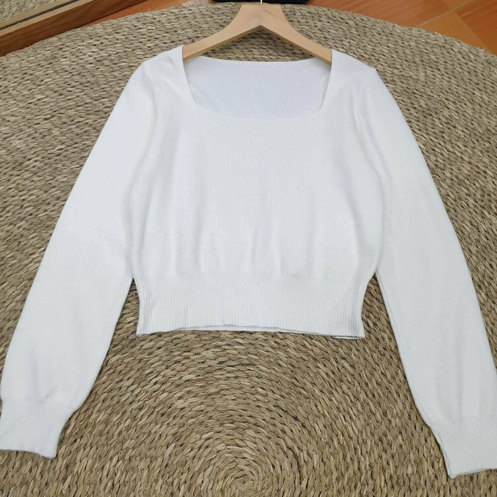 White Square Neck Cropped Knit Top Long Sleeve